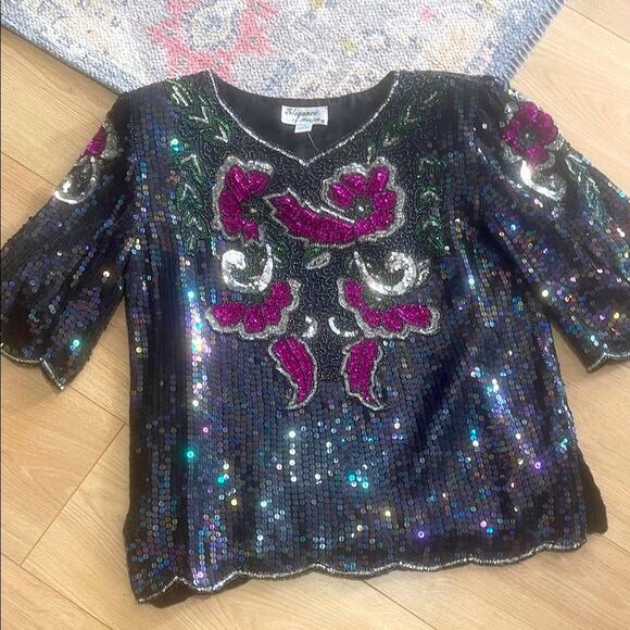 Vintage Elegance by Anujan sime medium Sequin woman's Floral Design blouse - Picture 3 of 14